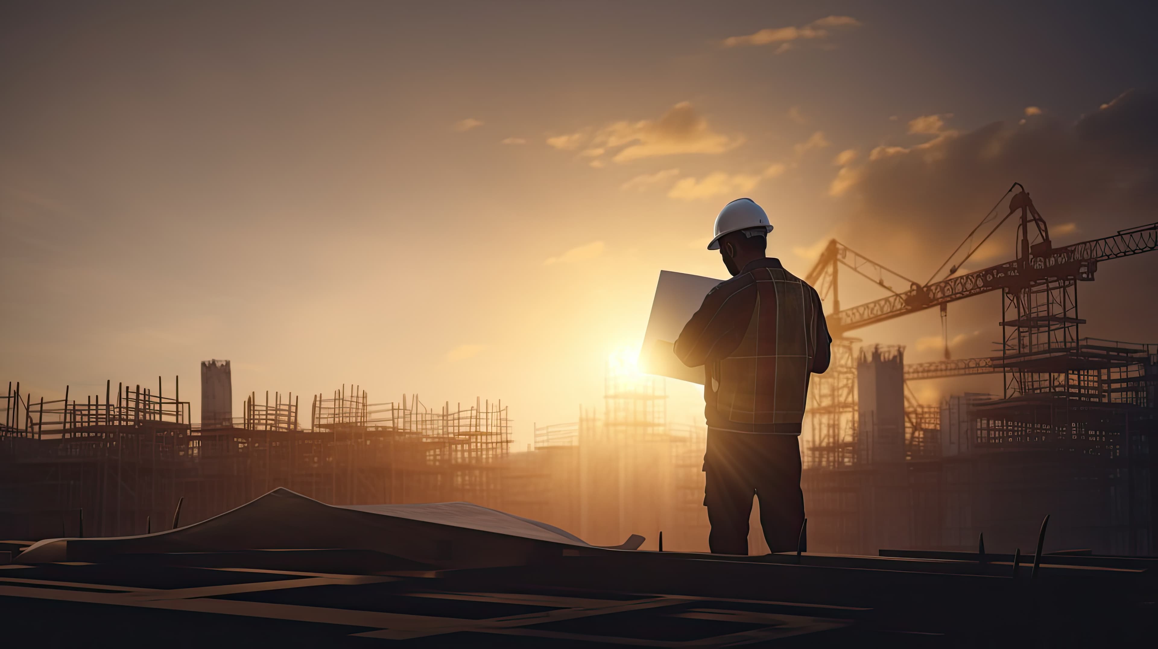 Construction site with steel framework against blue sky